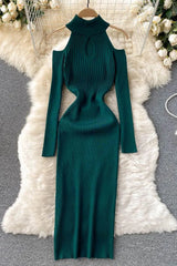 Off Shoulders Long Sleeve Dress Bodycon Knitted Sweater Dress