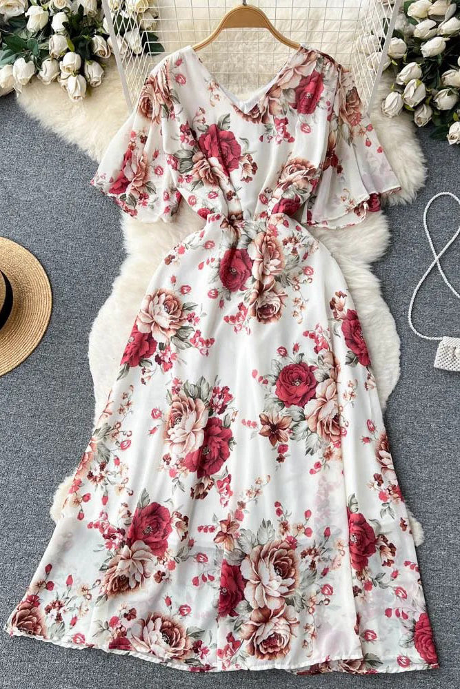 Dress Romantic Floral Print Long Chiffon Dress