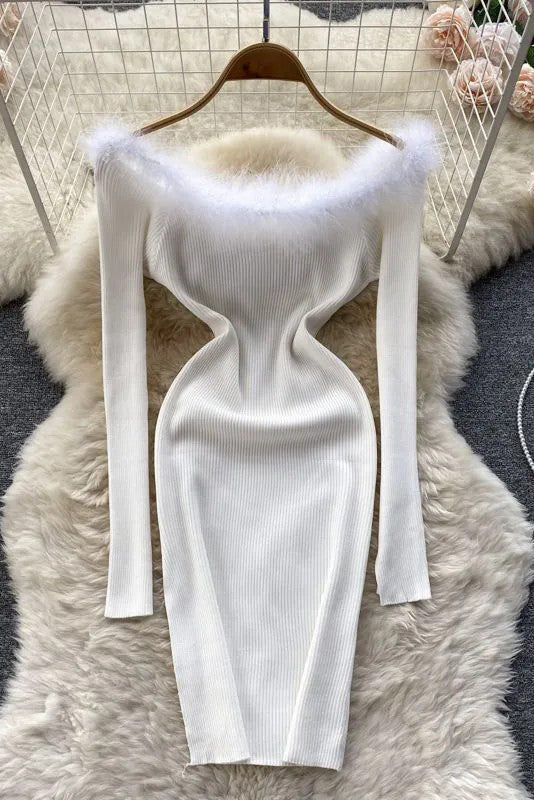 Dress Fur Patchwork Off Shoulders Knitted Sweater Dress Slim Elastic Mini Party Dress