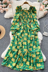 Elegant Flower Print Long Dress Vintage Square Collar Puff Sleeve Party Dress