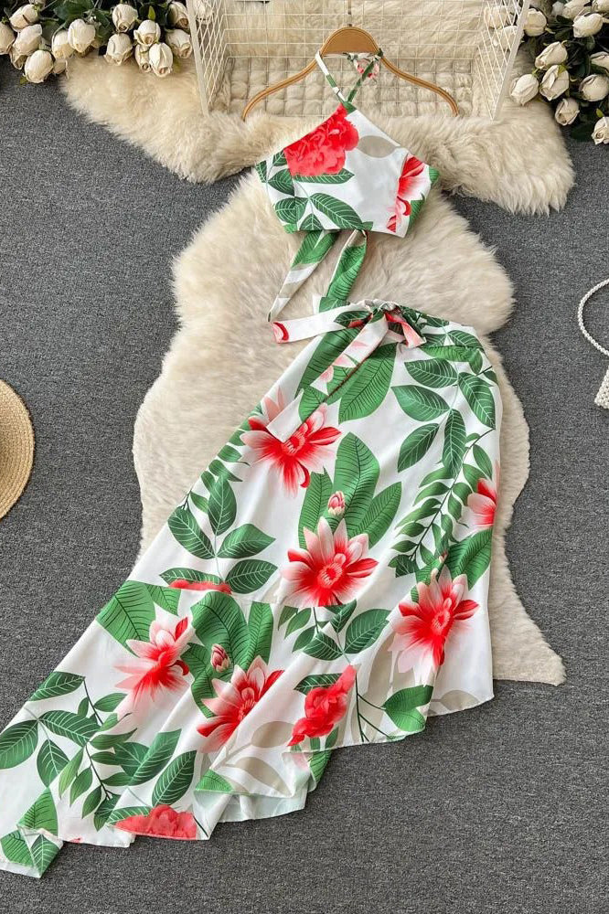 Beach Floral Print Crop Tops + High Waist Asymmetrical Long Skirts Two Piece Suits