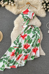 Beach Floral Print Crop Tops + High Waist Asymmetrical Long Skirts Two Piece Suits