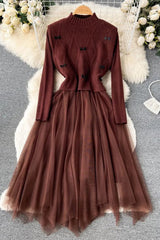 Elegant Lace Patchwork Knitted Sweater Dress Retro Bow Vest + Long Dress 2PCS