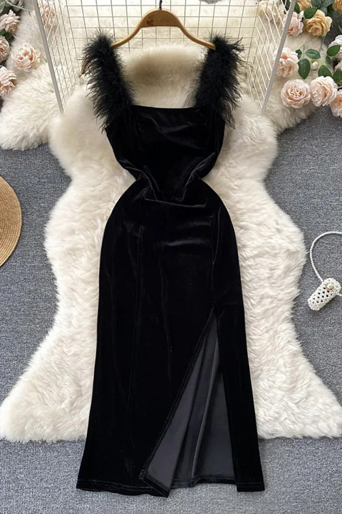 Elegant Dress Fur Patchwork Straps Velvet Bodycon Vestidos Lady Party Vestidos Dress