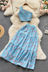 Floral Print Crop Tops + High Waist A-line Long Skirts Beach Ladies Two Piece Set