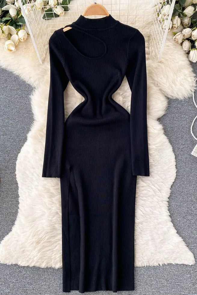 Dress Long Sleeve Slim Knitted Sweater Dress Hollow Out High Split Long Dress