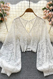 Backless Lace Shirt Hollow Out Transparent Short Blouse Elegant Crop Tops