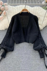 Lantern Sleeve Lace-up Knit Sweater Tops