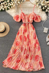 Dress Off Shoulders Puff Sleeve Holiday Beach Long Dress Floral Print Female Dress
