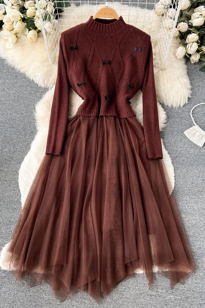 Elegant Lace Patchwork Knitted Sweater Dress Retro Bow Vest + Long Dress 2PCS