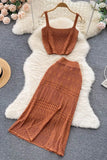 Hollow Out Two Piece Set Dress Vacation Short Tank Tops + High Waist Split Skirts Suits