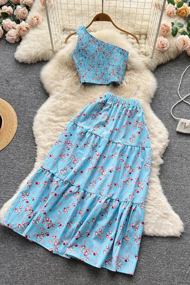 Floral Print Crop Tops + High Waist A-line Long Skirts Beach Ladies Two Piece Set