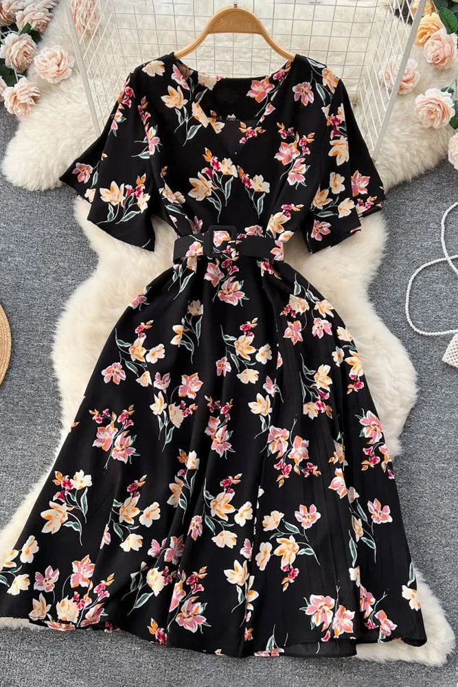 Dress Romantic Floral Print Chiffon Dress With Belt Party Dress
