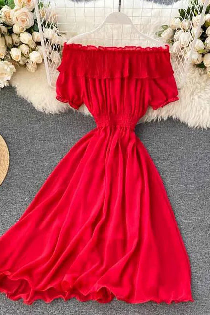 Dress Off Shoulder Chiffon Dress Solid Vestidos Short Puff Sleeve Ruffles Holiday Dress