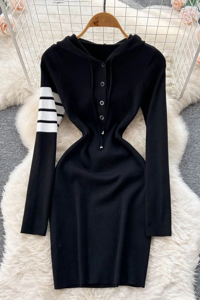 Casual Hooded Vestidos Dress Lady Knitted Sweater Dress