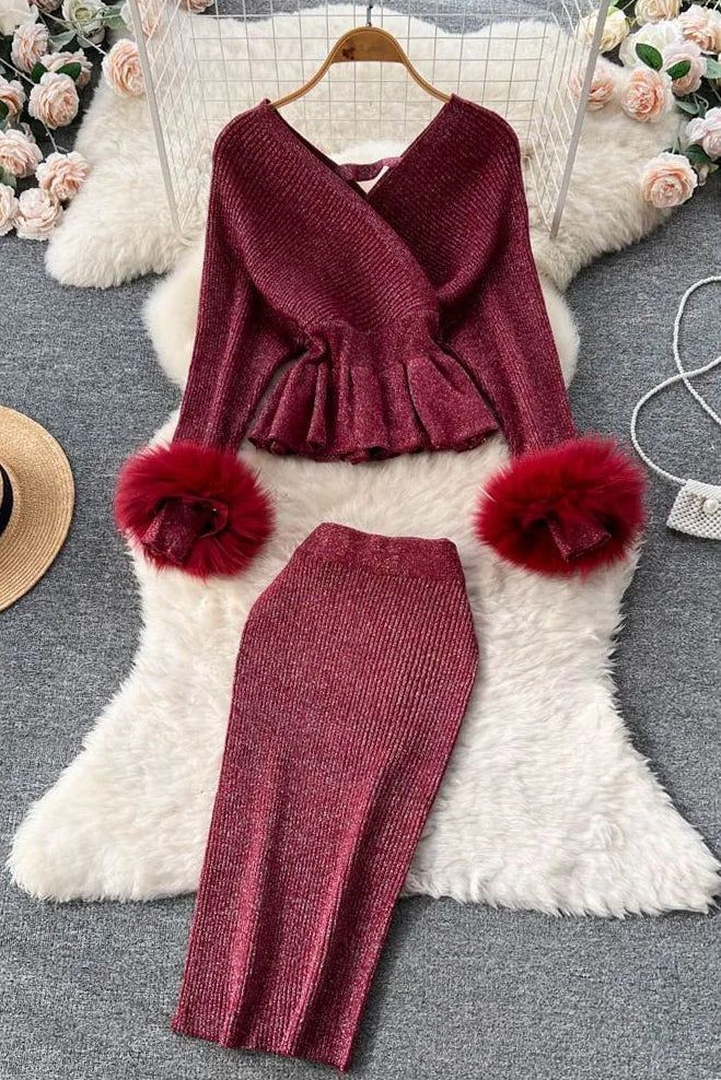 Elegant Shining Knitted Ruffled Sweater and Skinny High Waist Skirts Two Piece Suits