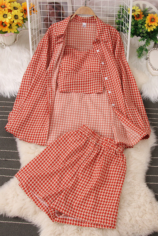 Long Sleeve Plaid Shirt Strap Vest Tank Top Shorts Set Three-Piece