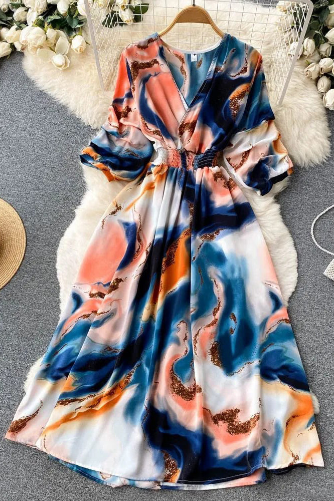 Dress Print Slim Waist Long Dress Vacation Beach Robe Dress