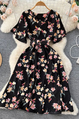 Dress Romantic Floral Print Chiffon Dress With Belt Party Dress
