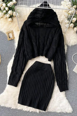 Hooded Sweaters Tops + Skinny High Waist Mini Skirts Two PCS Suits