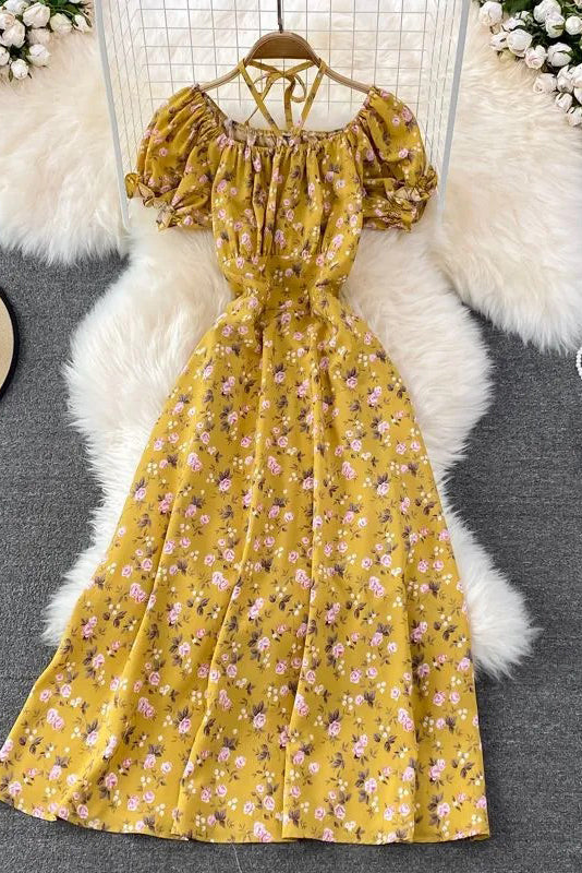 Dress Romantic Floral Print Bandage Neck Long Dress Lady Vacation Beach Dress
