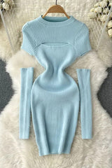 Hollow Out Short Sleeve Knitted Mini Dress with Cuffs Two Piece