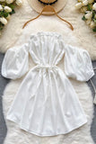 Off Shoulder Puff Sleeve Mini Dress Lace-up Dress