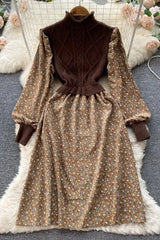 Dress Elegant Fake Two Piece Set Floral Print Knitted Patchwork Long Dress Vintage Dress