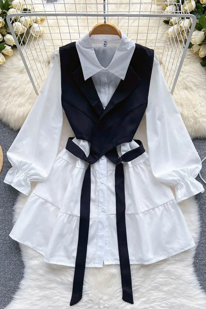 Short Blouse Dress + Asymmetrical Vests Female Suits Two Piece
