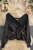 Elegant V-neck Ruffled Knitted Pullover Sweater Tops Shirt