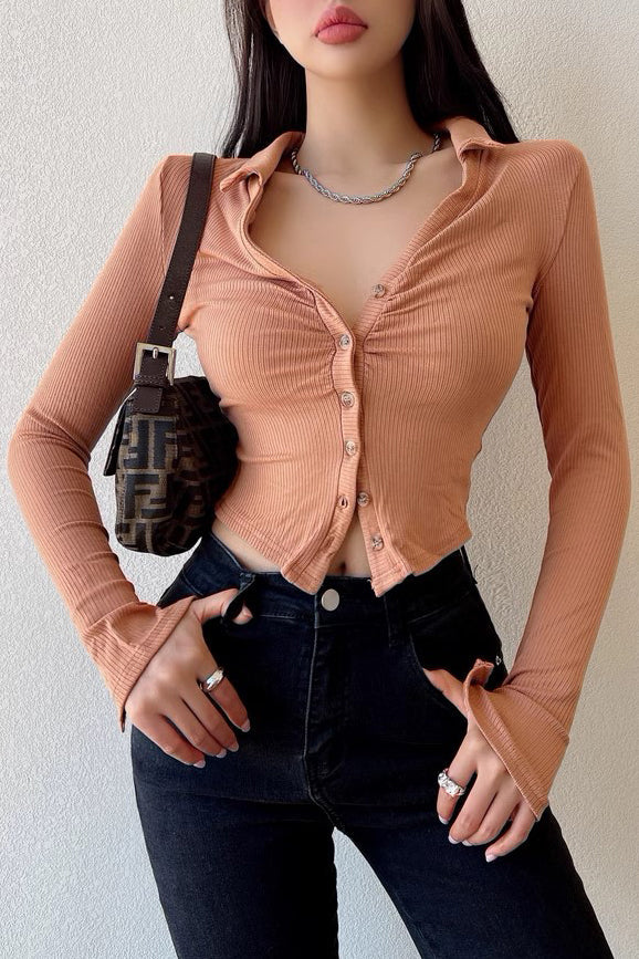 Lapel Single Breasted T-Shirt Tight Fitting Pleated Long Sleeved Top