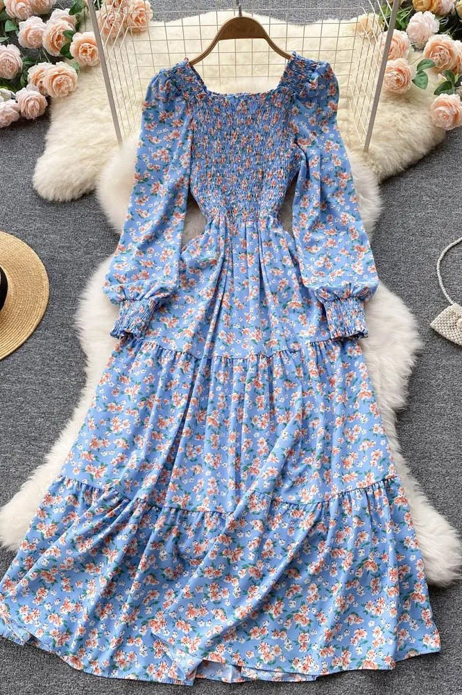 Dress Romantic Floral Print Long Puff Sleeve Maxi Dress
