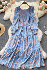 Dress Romantic Floral Print Long Puff Sleeve Maxi Dress