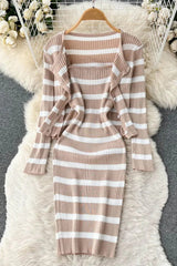 Elegant Dress Sets Knitted Cardigans + Slim Spaghetti Strap Dress Lady Two Piece Suits