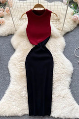 Elegant Colorblock Knitted Dress Bodycon Vestidos Robe Dress