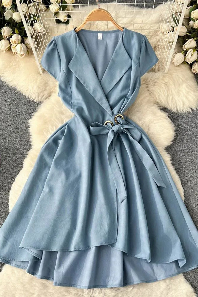 Dress Elegant Turn-down Collar Asymmetrical A-line Wrap Dress Shirt Female Dress