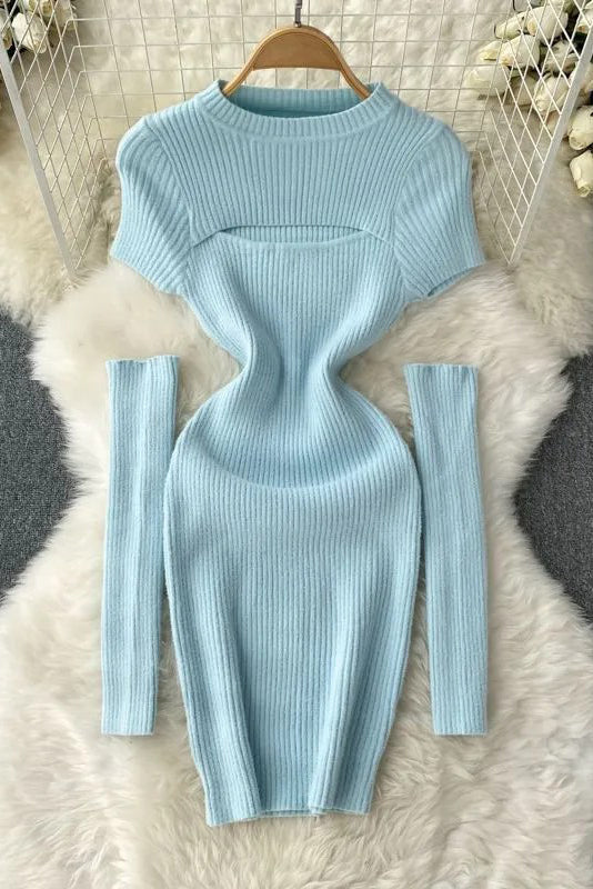 Hollow Out Short Sleeve Knitted Mini Dress with Cuffs Two Piece