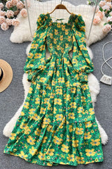 Elegant Flower Print Long Dress Square Collar Puff Sleeve Party Female Vestidos Dress