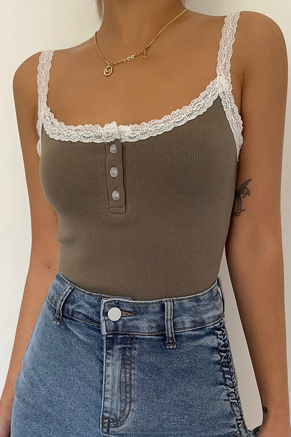 Buttoned Front Laced Strap Cami Tops