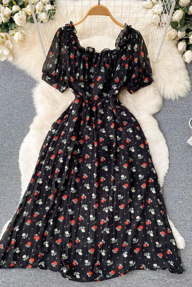 Dress Romantic Floral Print Square Collar Ruffles Pleated Dress Long Sundress