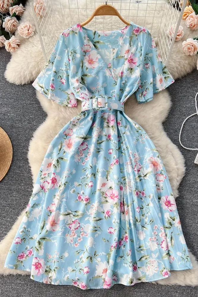 Dress Romantic Floral Print Chiffon Dress With Belt Party Dress