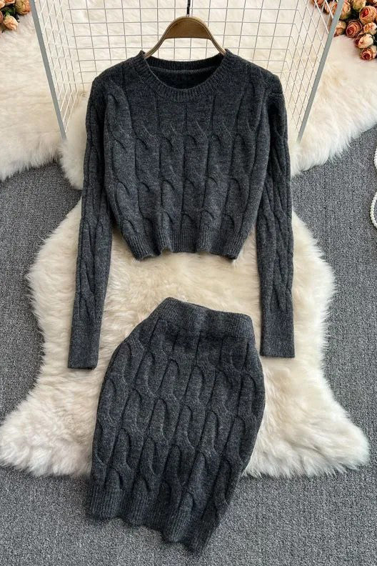 Long Sleeve Knitted Tops + Slim Mini Skirts Two Piece Suits
