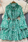 Long Sleeve Lace-up Shirt Dress Casual Print A-line Short Dress