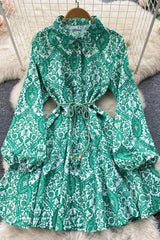 Long Sleeve Lace-up Shirt Dress Casual Print A-line Short Dress