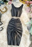Tank Tops and Drawstring Package Hips Skirts Two Piece Set