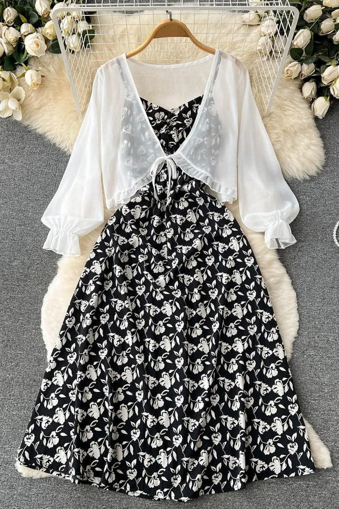 Floral Print Strap Dress + Chiffon Shawl Vacation Two Piece Suits