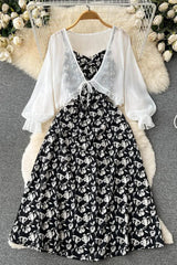 Floral Print Strap Dress + Chiffon Shawl Vacation Two Piece Suits