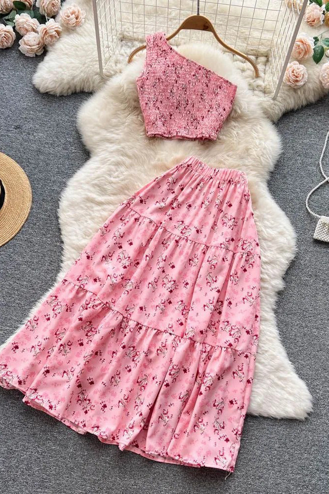 Floral Print Crop Tops + High Waist A-line Long Skirts Beach Ladies Two Piece Set