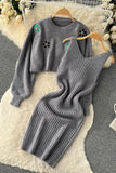 Elegant Dress Two Piece Flower Embroidery Pullover Sweaters + Knitted Mini Dress Suits
