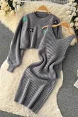 Elegant Dress Two Piece Flower Embroidery Pullover Sweaters + Knitted Mini Dress Suits